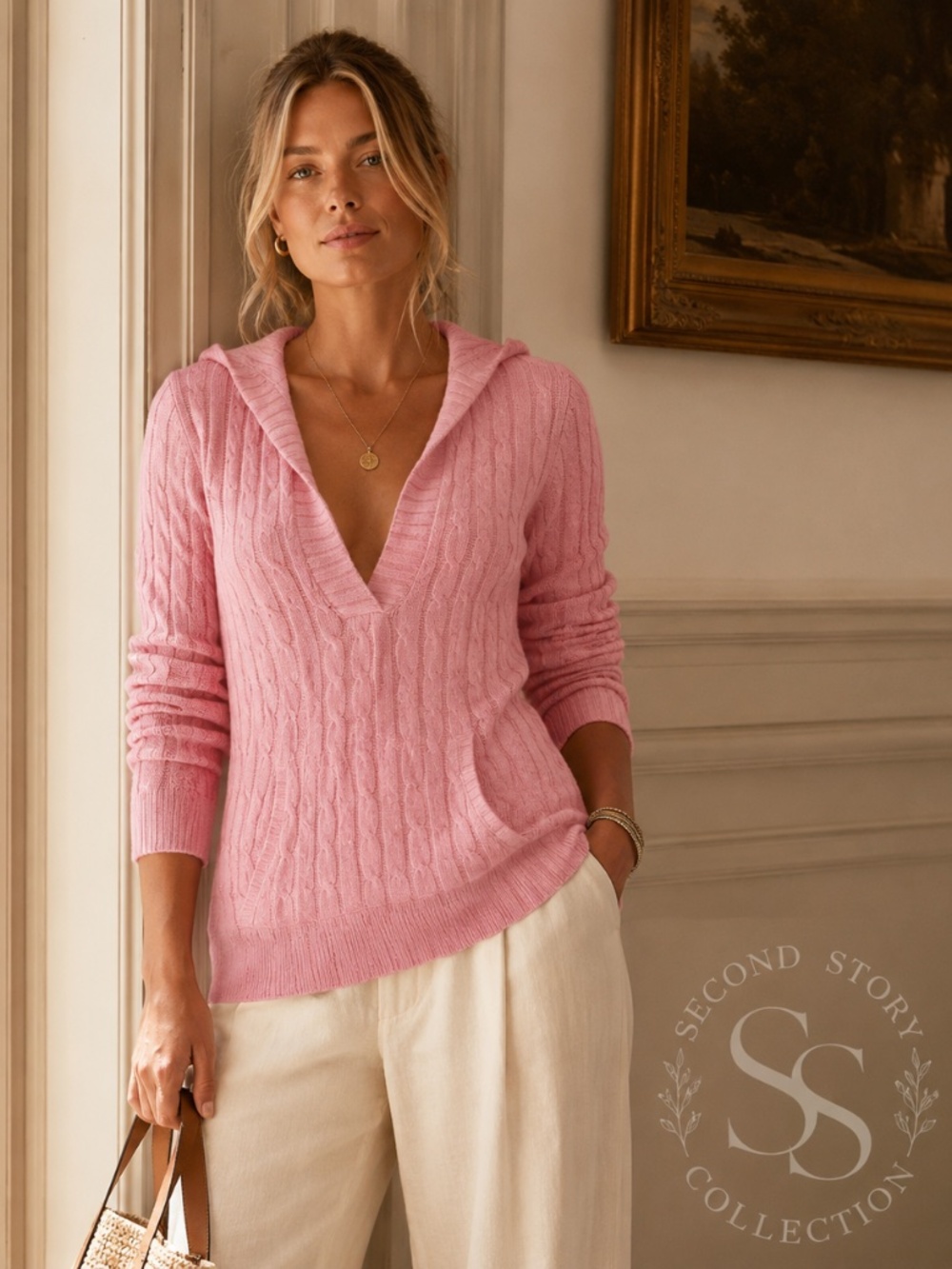 Vintage Polo Jeans Co Ralph Lauren Pink Cable Knit Hoodie Sweater S Angora Y2K